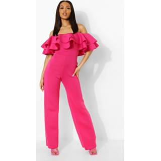 👉 Wide Leg Scuba Jumpsuit Met Ruches En Uitgesneden Hals, Hot Pink