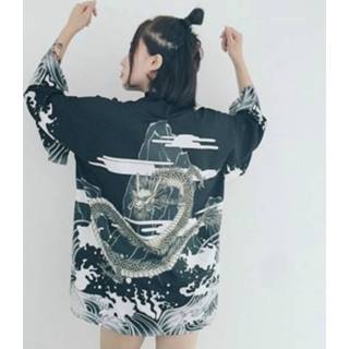 👉 Zonnebrandcreme zwart active Driekwart mouw Kimono-stijl Dragon Print Cardigan Zonnebrandcrème Shirt Vakantiejas, Maat: One Size (Zwart)