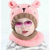 👉 Muts roze active baby's + Sjaal Herfst en Winter Baby Kat Geborduurd Patroon Warme Gebreide Muts, Maat: 44cm