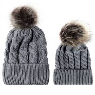 👉 Muts grijs active 2 in 1 herfst en winter ouder-kind set Warme twist textuur gebreide met wollen bal, maat: (grijs)