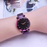 👉 Klok paars active vrouwen Luxe Mesh Dames Magneet Gesp Starry Diamond Geometrische Quartz Horloge Horloges (Paars)