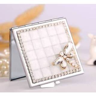 👉 Spiegel wit active Met de hand bezaaide mini draagbare opvouwbare make-up Gem Dragonfly (White Dragonfly)
