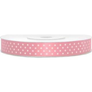 👉 Witte 1x Hobby/decoratie zalm kleurig satijnen sierlinten met stippen 1,2 cm/12 mm x 25 meter