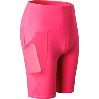👉 Fitness short rood elastische rose XXL active Hoge taille mesh sport strakke sneldrogend shorts met zak (kleur: maat: XXL)