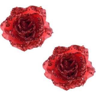 👉 Rode 8x stuks glitter rozen met clip