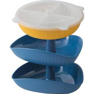 👉 Schotel blauw active Groentewassen Afvoermand Split-Grid Roterende Multi-Layer Hot Pot 2 Trays + Drain Basket (Blauw)