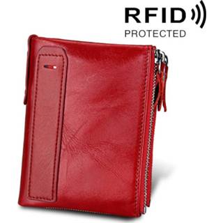 👉 Kaarthouder rood rundleer active mannen Echt Crazy Horse-textuur Dubbele rits Korte stijl Portemonnee RFID Blokkerende kaart Tas Beschermhoes voor heren, maat: 12,1 * 9,4 2,7 cm (rood)