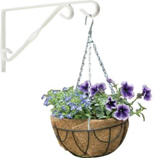 👉 Hanging basket wit metaal 25 cm met klassieke muurhaak en kokos inlegvel - complete hangmand set