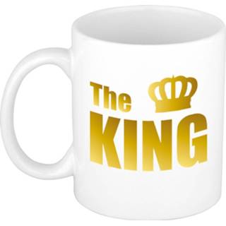 👉 Beker wit volwassenen The king cadeau mok / met gouden kroon en letters 300 ml
