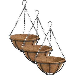 👉 Hanging basket metalen 3x stuks baskets / plantenbakken met ketting 25 cm inclusief kokosinlegvel