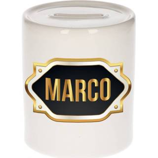 👉 Spaarpot gouden mannen Naam cadeau Marco met embleem