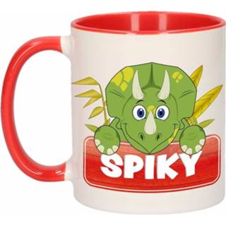 👉 1x Spiky beker / mok - rood met wit - 300 ml keramiek - dinosaurus bekers