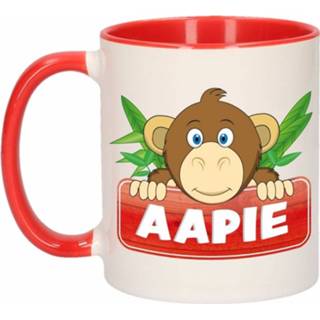 👉 1x Aapie beker / mok - rood met wit - 300 ml keramiek - apen bekers