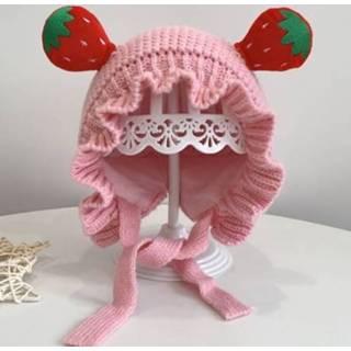 👉 Muts roze katoen active kinderen baby's fruit vorm wollen baby warme gebreide muts, maat: gratis maat (roze)