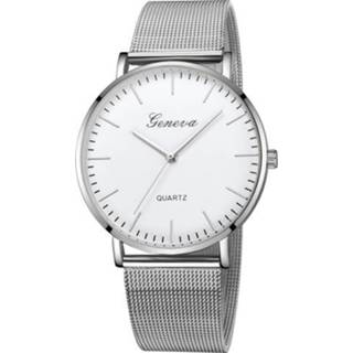 👉 Quartz horloge witte zilveren active mannen vrouwen Geneva Fashion Heren Dames Mesh Roestvrijstalen Horlogeband (Zilveren schaal wijzerplaat naald)
