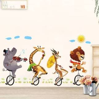 Muursticker active kinderen Cartoon Dier Bicyling Leeuw Giraffe Sticker Kinderkamer Slaapkamer Achtergrond Muur Ornament Stickers