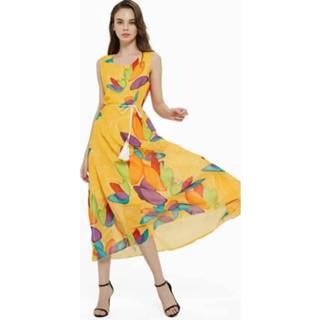 👉 Chiffonjurk geel s active Ronde hals mouwloze taille print chiffon jurk (kleur: maat: S)