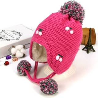 👉 Muts rood fluwelen rose active kinderen MZ5251 Kleine wollen voor met kersenpatroon plus oorkappen Winter warme gebreide muts, maat:één maat (rose rood)