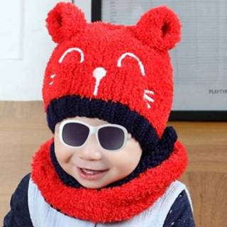 👉 Muts rode active baby's + sjaal herfst en winter geborduurde baby kat patroon warme gebreide muts, maat: 44cm