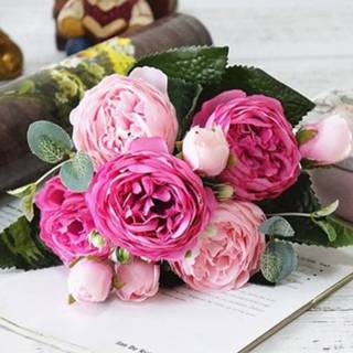 👉 Klein boeket roze rose active Mooie Pioen Kunstzijde Bloemen Fores Home Party Lente Bruiloft Decoratie Nep Bloem (Roze en donker roze)