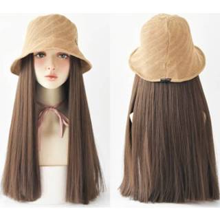 👉 Pruik kaki bruin active vrouwen Vrouw Lang haar Natuurlijk pluizig hoed steil (kaki koel bruin)