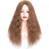👉 Pruik bruin active Mat realistisch maïspermanent lang krullend haar wollen volume hoofddeksel (lichtbruin)