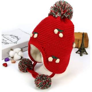 👉 Muts rood fluwelen active kinderen MZ5251 Kleine wollen voor met kersenpatroon plus oorkappen Winter warme gebreide muts, maat:één maat (rood)