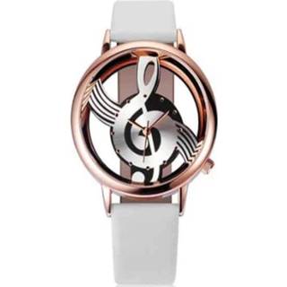 👉 Riem active vrouwen mannen Muzieknotatie-vormige wijzerplaat lederen quartz horloge voor dames / heren (roségouden leucorroe)