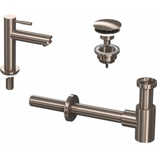 👉 Sifon brushed nickel messing koudwater met waste combiset standaard perlator Fonteinkraanset INK Laag Model Inclusief en Design 8718835105464