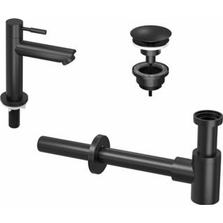 👉 Sifon zwart mat messing koudwater met waste combiset standaard perlator Fonteinkraanset INK Laag Model Inclusief en Design 8718835105426