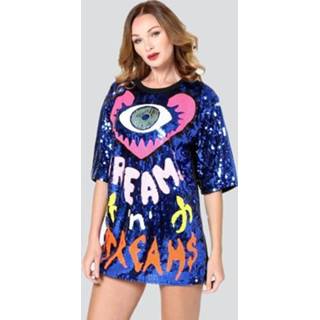 👉 Paillet blauw active vrouwen Women Love Peach Eye Clear Lettering Pailletten Lang los T-shirt (kleur: Maat: One Size)