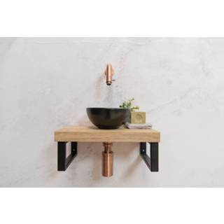 👉 Fonteinset zwarte koper geborsteld eiken hangend baru zwart mat Saniclear met plank, waskom en koperen kraan voor in het toilet 7434214369333