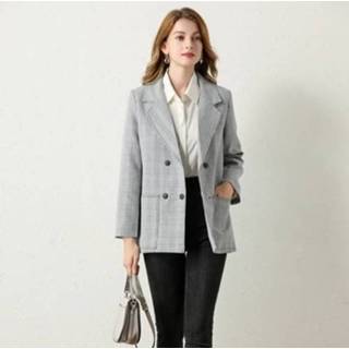 👉 Blazer grijs l active vrouwen Dames casual Britse stijl losse raster jas (kleur: maat: L)