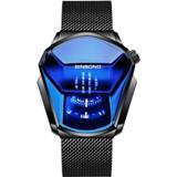 👉 Quartz horloge zwart staalblauw diamanten active mannen BINBONG 01 heren locomotief concept wijzerplaat (zwart mash oppervlak)