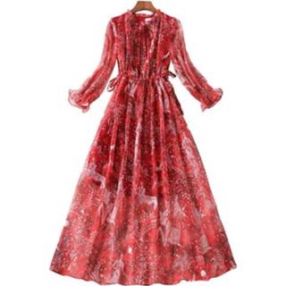 👉 Chiffonjurk rood l active vrouwen Lente dames nationale stijl bloemen chiffon jurk 82418 (kleur: maat: L)