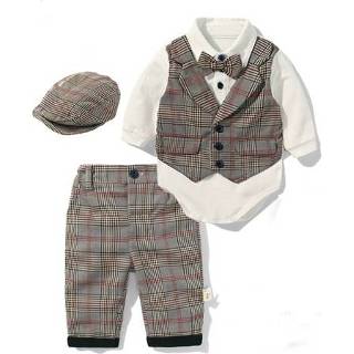 👉 Baret kaki active jongens Britse stijl jumpsuit-romper met lange mouwen + geruite broekset voor jongens, maat: 100 cm (kaki)