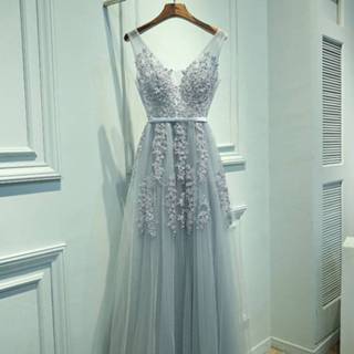 👉 Sexy avondjurk zilvergrijs l active met V-hals Robe Tulle Applique avondjurken, maat: (zilvergrijs)
