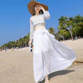 👉 Lantaarn wit XL active Mouw Slank Chiffon Tweedelige Jurk Vakantie Strand Rok (Kleur: Maat: XL)