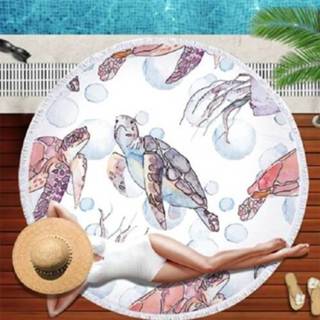 👉 Strandlaken witte active Dierlijke patroon ronde superfijne vezel met kwastje, afmeting: 150 x cm (witte schildpad)