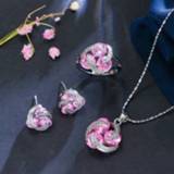 👉 Zirconia roze active vrouwen Mode Cubic Knoop Oorbellen Ketting Ring Set voor Dames, Ringmaat: 9 (Roze)
