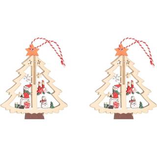 👉 Kerstboom hout 2x Kerst hangdecoratie kerstbomen met sneeuwpop 10 cm van