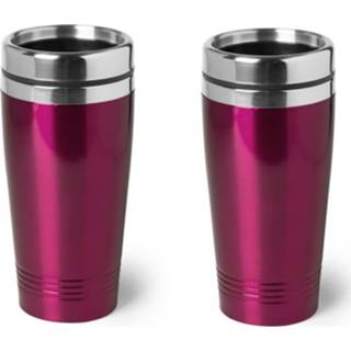 Beker magenta roze roestvrij staal 2x stuks warmhoudbeker/warm houd metallic fuchsia 450 ml - 8720276625234