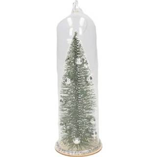 Glazen stolp zilveren active groen Kerst hangdecoratie met groen/zilveren kerstboom 22 cm