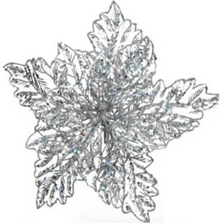 👉 1x Kerstboomversiering op clip zilveren glitter bloem 23 cm