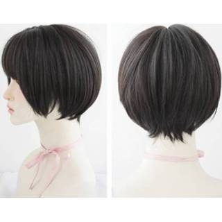 👉 Pruik zwart bruin active vrouwen Vrouwelijk Kort Haar Rond Gezicht Volledige Top Hoofddeksels Temperament Pony Cover (Zwart 28CM)