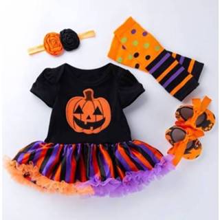 👉 Rompertje 59 active baby's Halloween Baby Korte mouwen Cartoon Print Romper Jurk Mesh Tutu Rok (Kleur: Gestreepte Pompoen Maat: 59)