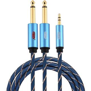 👉 Blauw nylon active EMK 3,5 mm jack male naar 2 x 6,35 vergulde connector gevlochten AUX-kabel voor computer / X-BOX PS3 cd dvd, kabellengte: 1,5 m (donkerblauw)