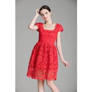 👉 Jurk Jurk||||Jurk>Kleding active XL rood Vierkante kraag Blootgesteld sleutelbeen Sexy holle kanten rok Hoge taille Slanke (kleur: Maat: XL) 6922215054637
