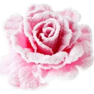 Kerstversiering pastel roze kunststof rozen met sneeuw op clip 10 cm - 8719538468788