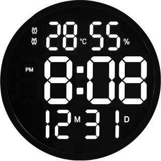 👉 Wandklok zwart active 6620 12 Inch LED Eenvoudige Woonkamer Ronde Stille Digitale Temperatuur En Vochtigheid Elektronische Klok (Zwart Frame EU Plug)